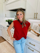 CRIMSON ROUND NECK CAP SLEEVE SWEATER - Tops