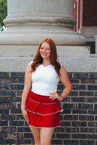 CRIMSON SMOCKED WAISTBAND TIERED RUFFLED TRIM MINI SKIRT - Bottoms