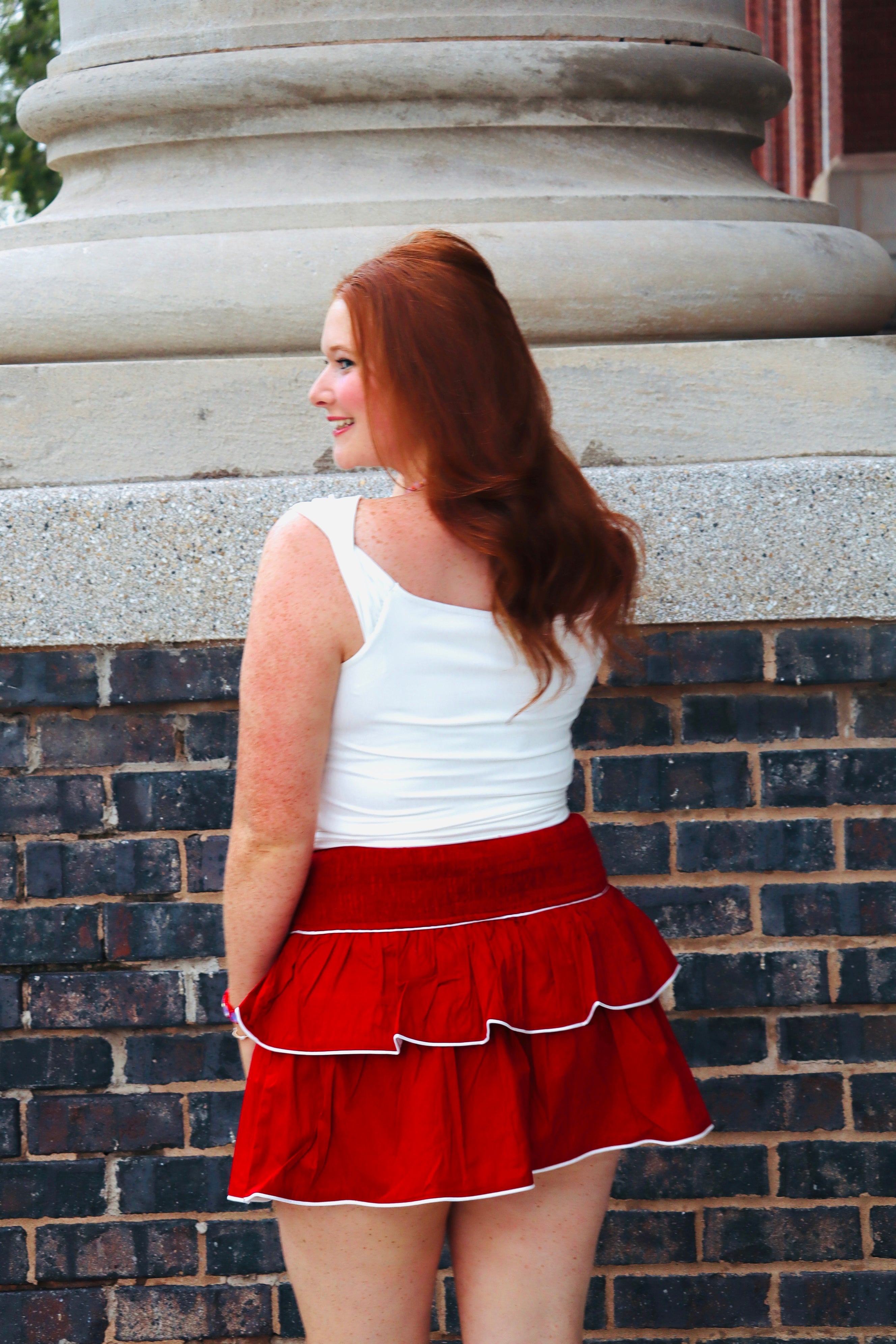 CRIMSON SMOCKED WAISTBAND TIERED RUFFLED TRIM MINI SKIRT - Bottoms