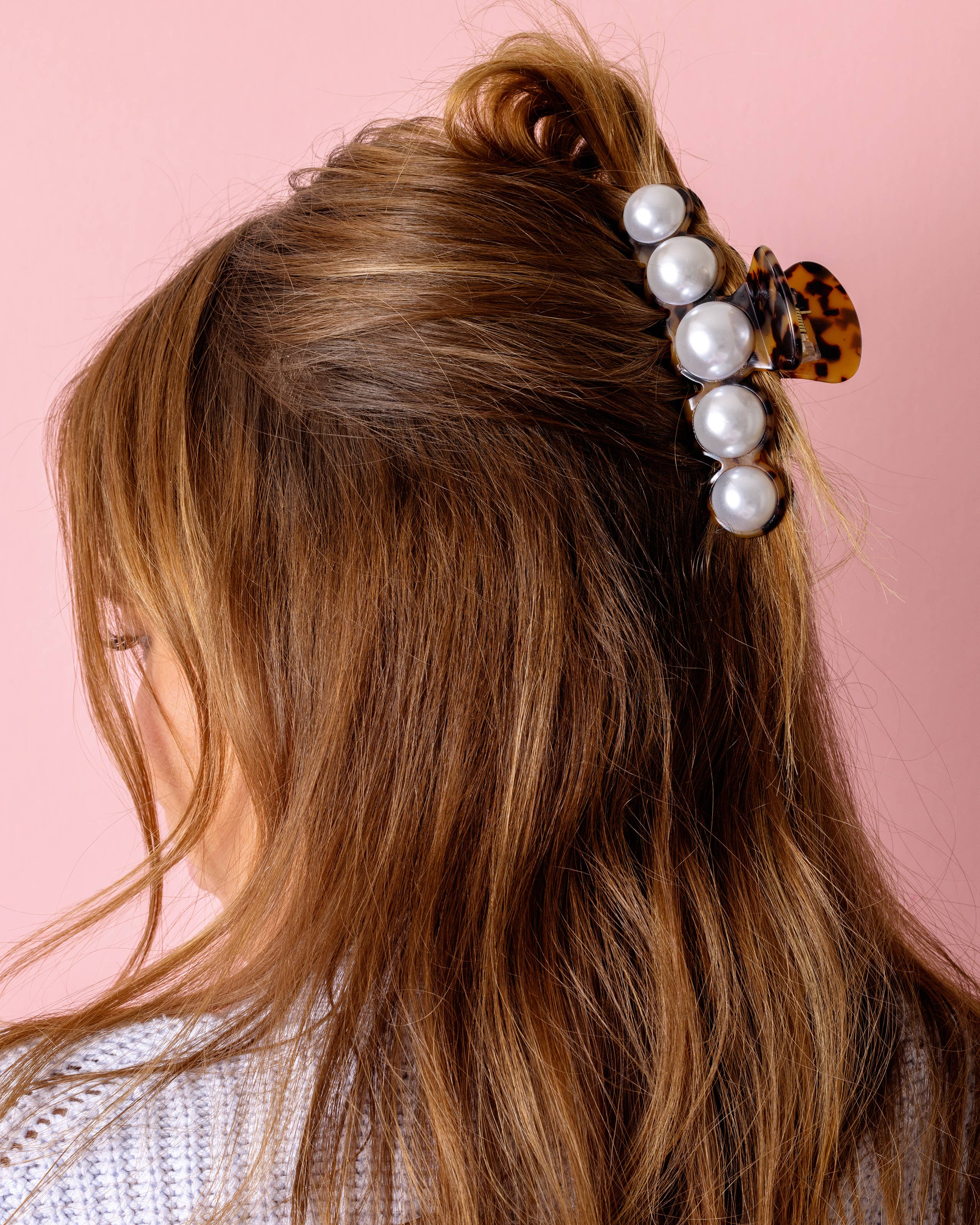 Chic Brown and Black Tortoise Claw Hair Clip Featuring Pearl Beads, Essential Hair Accessory by Taylor Elliott Designs