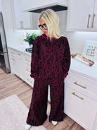 DAVI & DANI BURGUNDY LEOPARD LOOP TERRY PANT SET - SET
