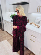 DAVI & DANI BURGUNDY LEOPARD LOOP TERRY PANT SET - SET