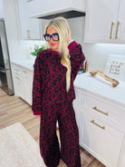DAVI & DANI BURGUNDY LEOPARD LOOP TERRY PANT SET - SET