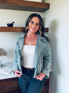 DAVI & DANI RHINESTONE LONG SLEEVE ZIP-UP DENIM JACKET- MOTO INSPIRED SPARKLE - Tops