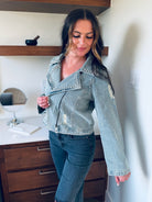 DAVI & DANI RHINESTONE LONG SLEEVE ZIP-UP DENIM JACKET- MOTO INSPIRED SPARKLE - Tops