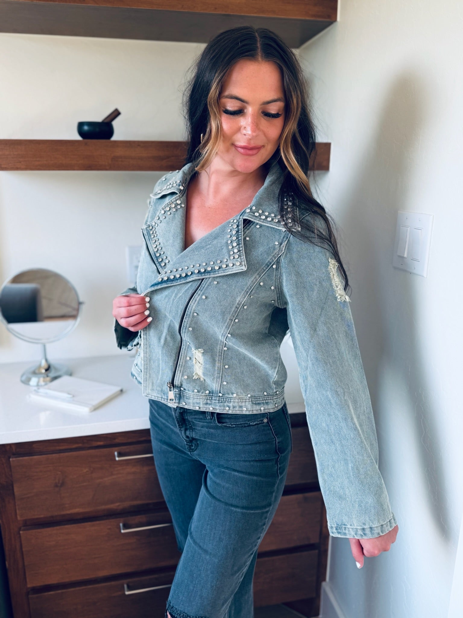 DAVI & DANI RHINESTONE LONG SLEEVE ZIP-UP DENIM JACKET- MOTO INSPIRED SPARKLE - Tops