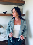 DAVI & DANI RHINESTONE LONG SLEEVE ZIP-UP DENIM JACKET- MOTO INSPIRED SPARKLE - Tops