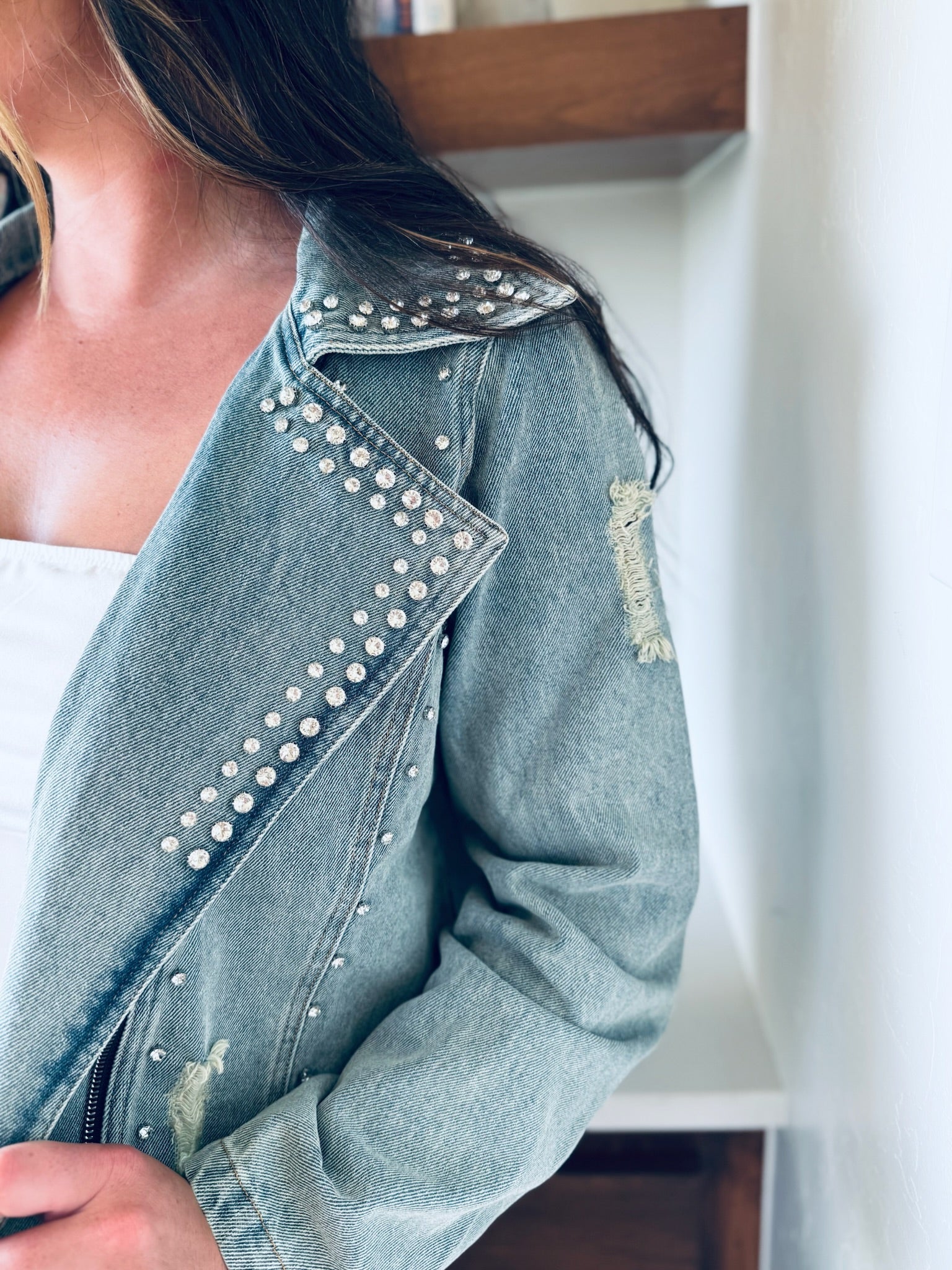 DAVI & DANI RHINESTONE LONG SLEEVE ZIP-UP DENIM JACKET- MOTO INSPIRED SPARKLE - Tops