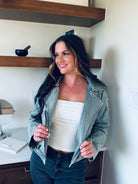 DAVI & DANI RHINESTONE LONG SLEEVE ZIP-UP DENIM JACKET- MOTO INSPIRED SPARKLE - Tops