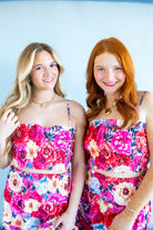 Stylish Tamra Jubilee Top and Maxi Skirt Set by Buddy Love featuring a fully smocked cropped tank top with adjustable straps and a maxi-length skirt with a smocked waist, perfect for summer vacations.