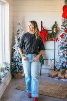 ENTRO CHARCOAL SHORT SLEEVE RHINESTONE SWEATER TOP - Tops