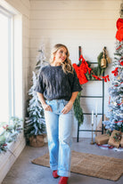 ENTRO CHARCOAL SHORT SLEEVE RHINESTONE SWEATER TOP - Tops