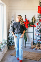 ENTRO CHARCOAL SHORT SLEEVE RHINESTONE SWEATER TOP - Tops