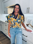 ENTRO GOLD AND BLUE FLORAL PRINT TOP WITH TIE - M - Tops