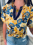 ENTRO GOLD AND BLUE FLORAL PRINT TOP WITH TIE - Tops