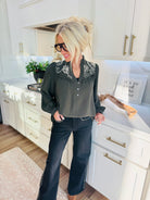 ENTRO LONG SLEEVE TOP WITH CREAM FLORAL EMBROIDERY - Tops