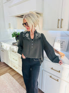 ENTRO LONG SLEEVE TOP WITH CREAM FLORAL EMBROIDERY - Tops