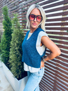 ENTRO NAVY TWOFER V-NECK CAP SLEEVE SWEATER KNIT TOP - Tops