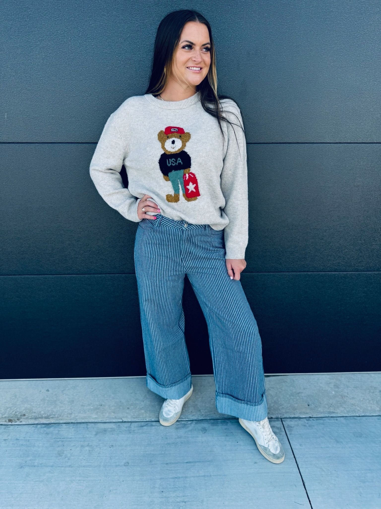 ENTRO OATMEAL USA TEDDY BEAR KNIT SWEATER - Tops