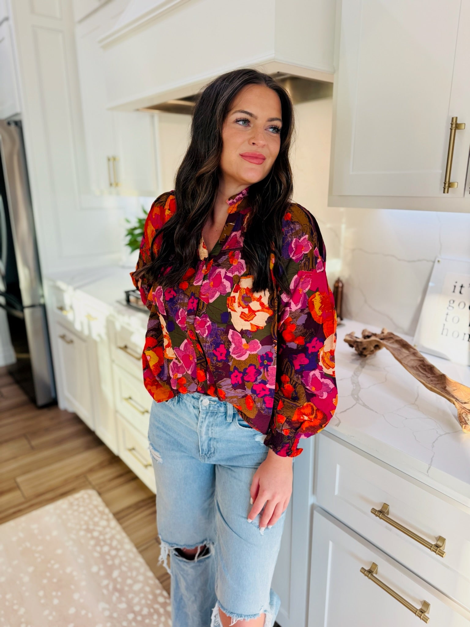 FATE BUTTON-DOWN RUFFLE MULTI PRINT V-NECK BLOUSE - Tops