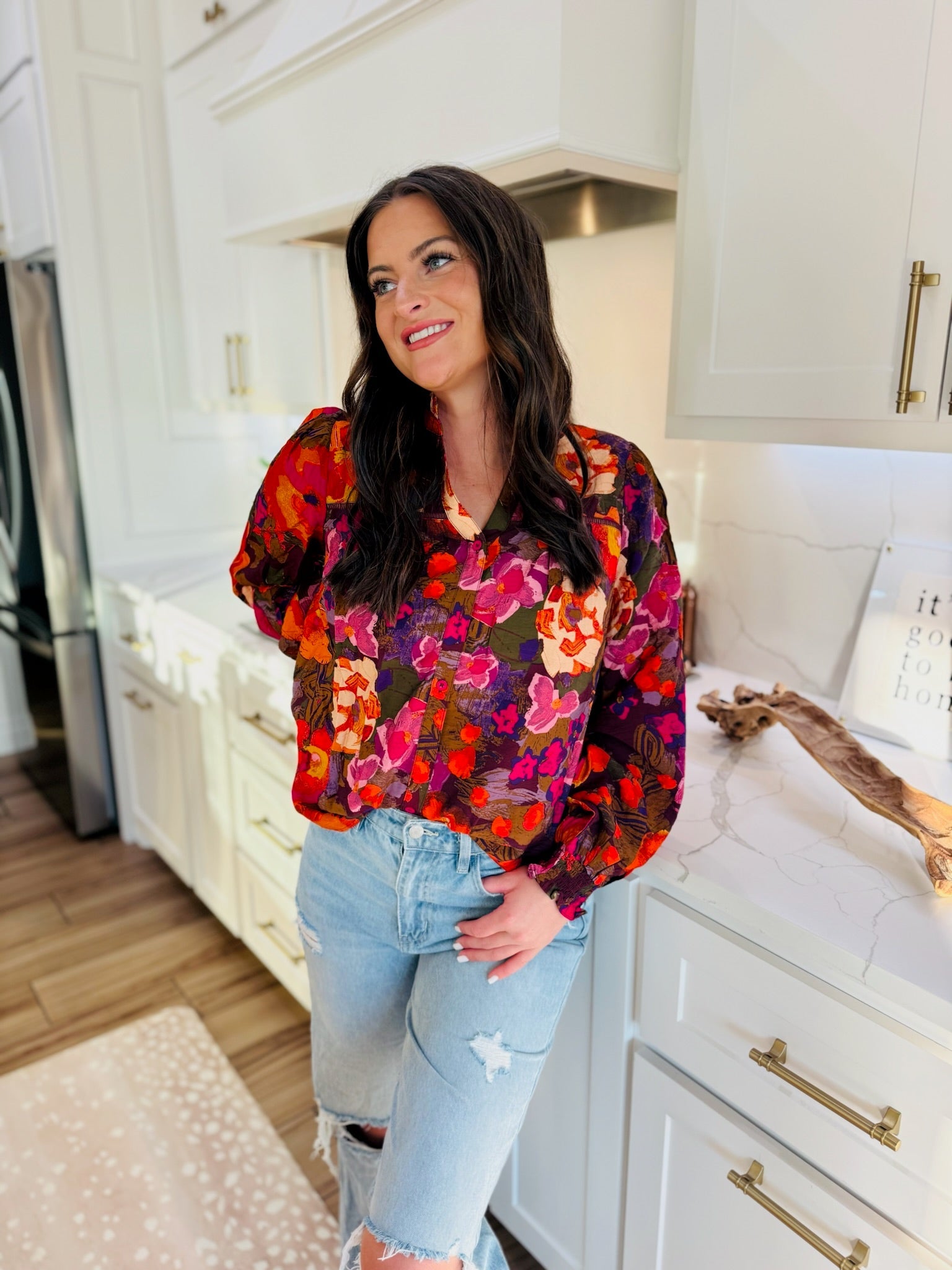 FATE BUTTON-DOWN RUFFLE MULTI PRINT V-NECK BLOUSE - Tops