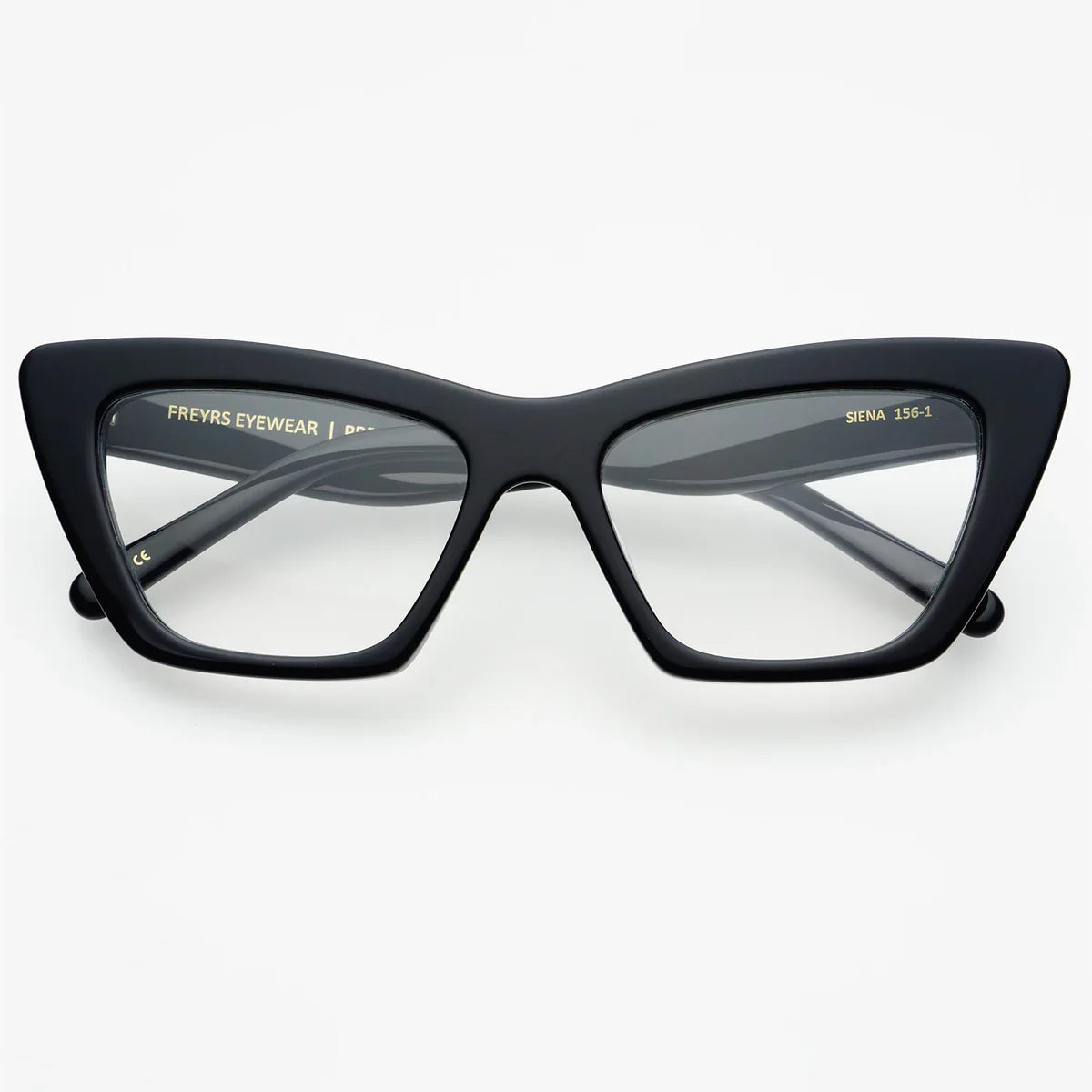 FREYRS SIENA BLUE LIGHT GLASSES in black featuring retro-chic cat-eye frames, designed for eye protection against harmful blue light, perfect for digital screen use.