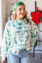 GREEN AND WHITE CHRISTMAS VILLAGE TOILE PRINT SWEATSHIRT - Tops