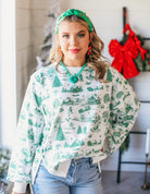 GREEN AND WHITE CHRISTMAS VILLAGE TOILE PRINT SWEATSHIRT - Tops