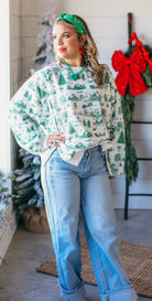 GREEN AND WHITE CHRISTMAS VILLAGE TOILE PRINT SWEATSHIRT - Tops