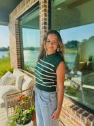 HUNTER GREEN AND CREAM STRIPED SLEEVELESS SWEATER - Tops