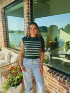 HUNTER GREEN AND CREAM STRIPED SLEEVELESS SWEATER - Tops