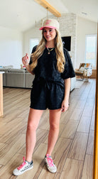 Chic black mineral washed short set by Very J, highlighting the versatile design with an oversized top and lined shorts, perfect for everyday comfort.
