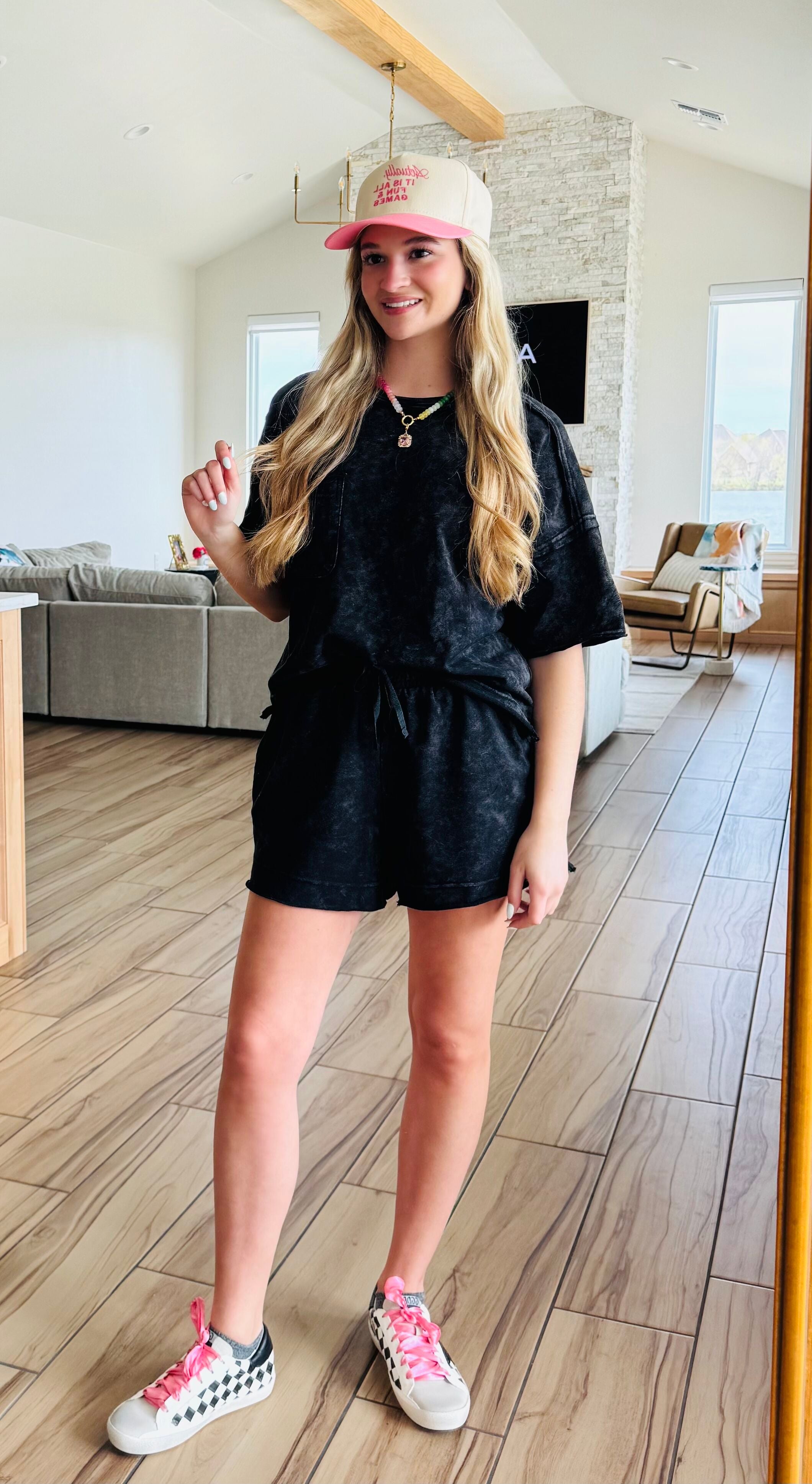 Chic black mineral washed short set by Very J, highlighting the versatile design with an oversized top and lined shorts, perfect for everyday comfort.