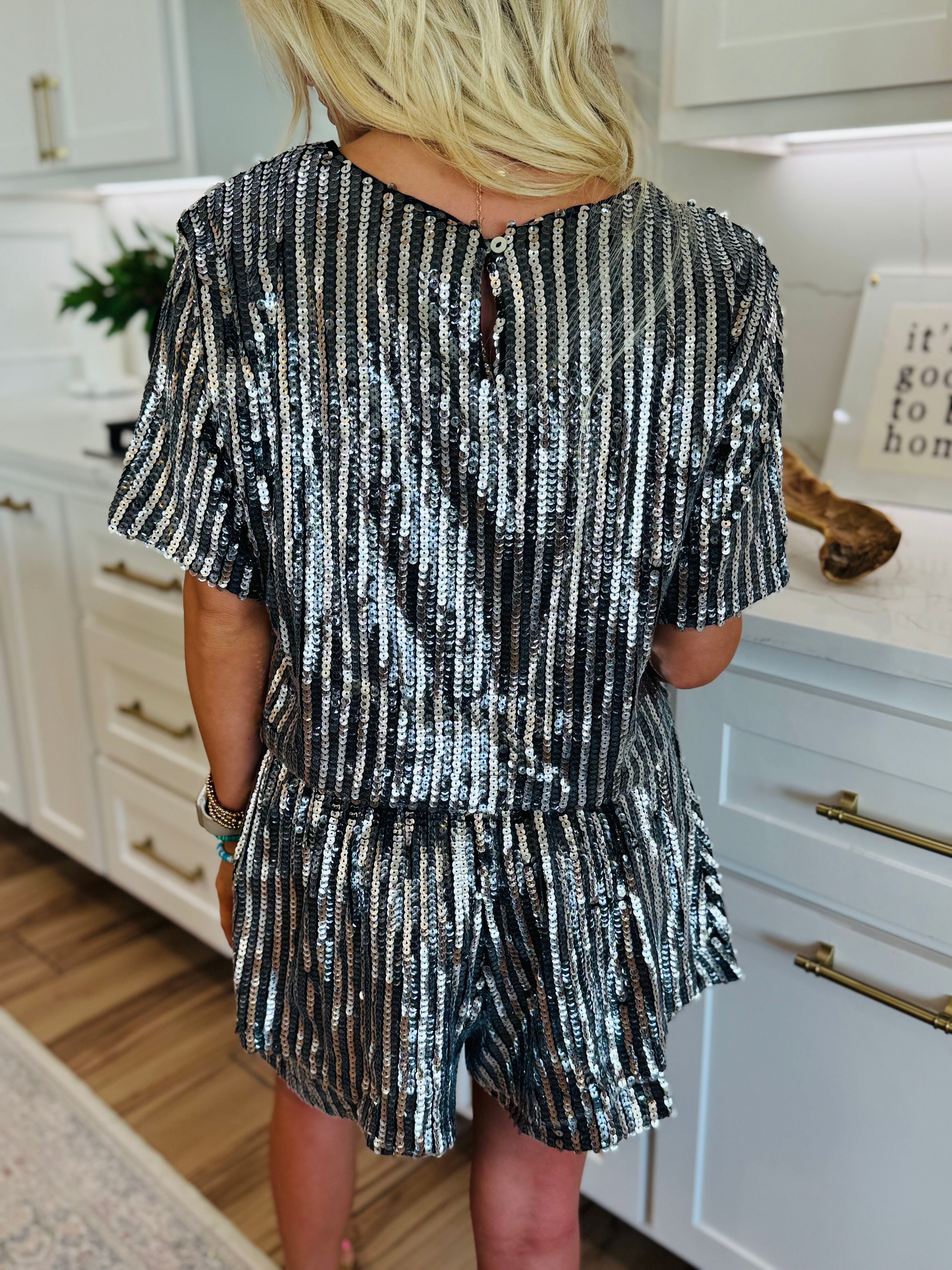 LAURA BLACK SEQUIN TOP AND SHORT SET