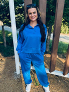 LUXE KNIT OCEAN BLUE MATCHING SET WITH JOGGERS AND POLO STYLE TOP - Large