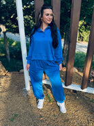 LUXE KNIT OCEAN BLUE MATCHING SET WITH JOGGERS AND POLO STYLE TOP - Small