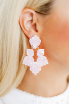 Close-up view of Michelle Statement Earrings - Disco Pink, made from 100% surgical-grade stainless steel and eco-friendly acetate, designed for comfort and style.