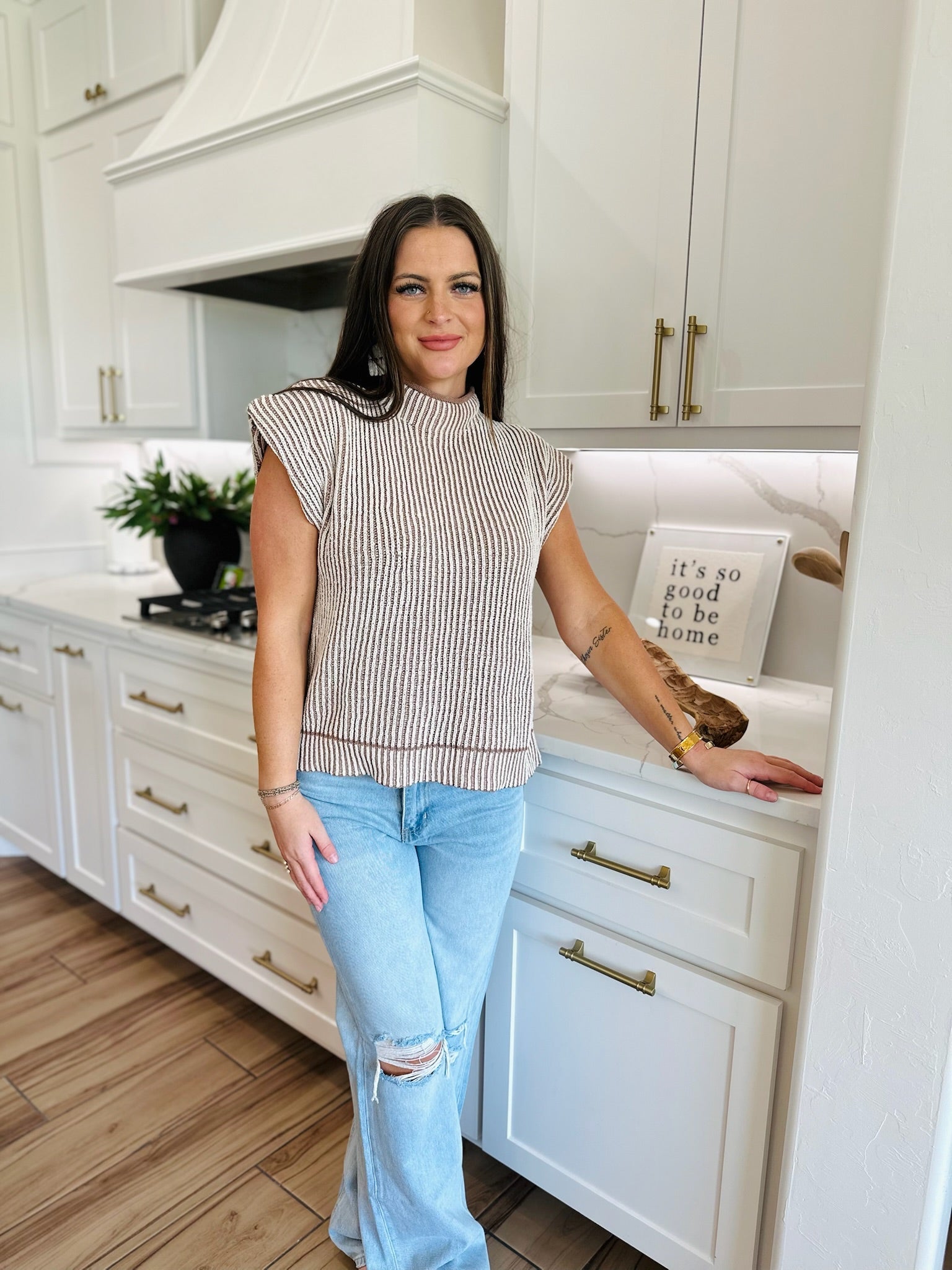 MOCHA TWO TONE RIBBED HIGH NECK SWEATER VEST - Tops