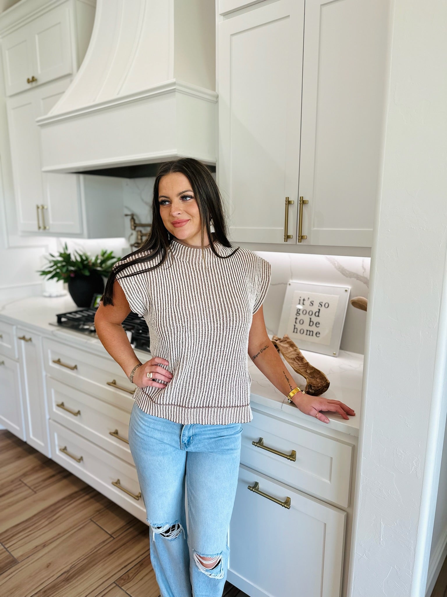 MOCHA TWO TONE RIBBED HIGH NECK SWEATER VEST - Tops