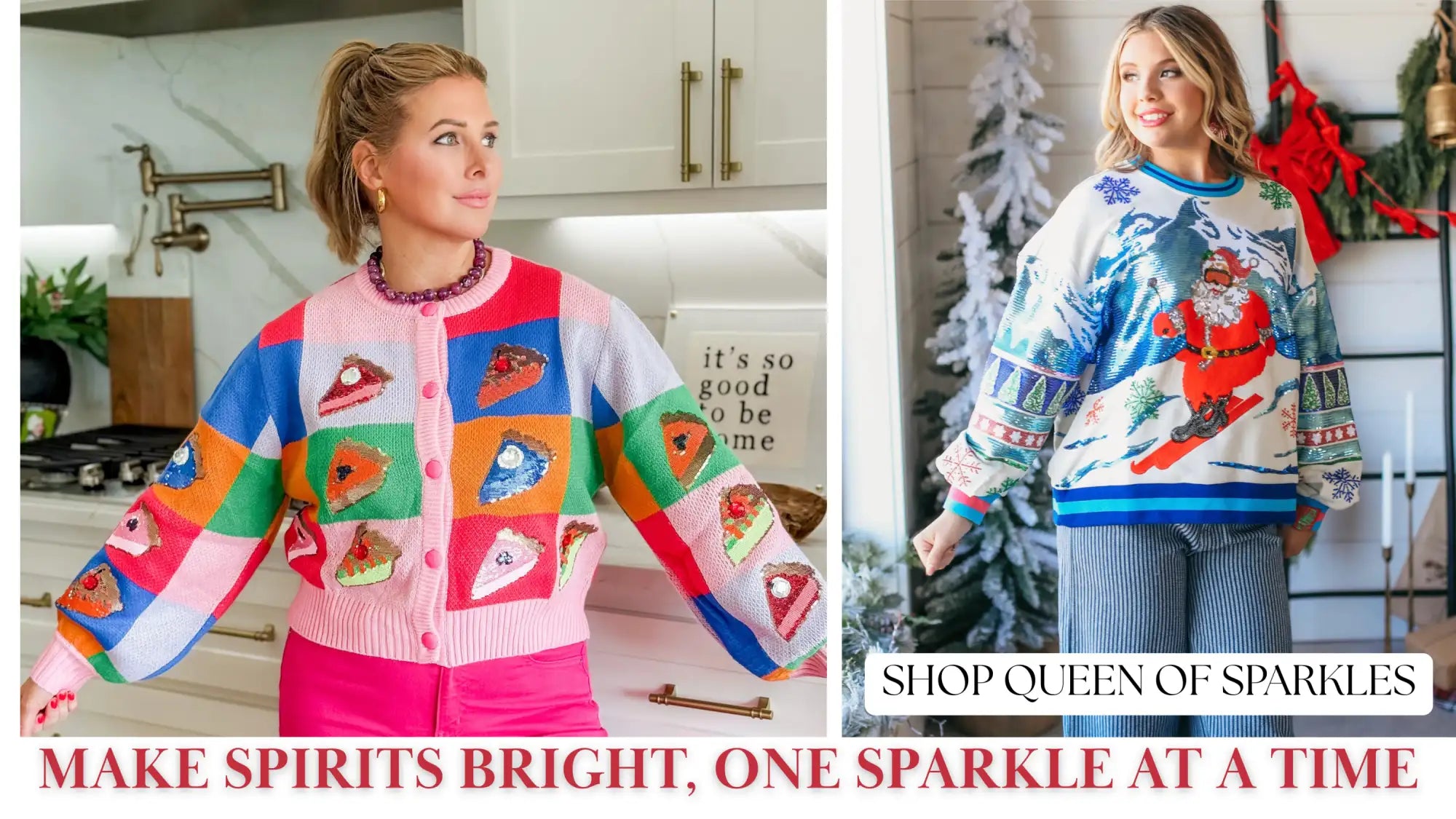 Multicolored patchwork sweater with vibrant food-themed designs and glittery accents.