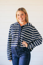 NAVY COLLARED STRIPED BUTTON DOWN SWEATER - Tops