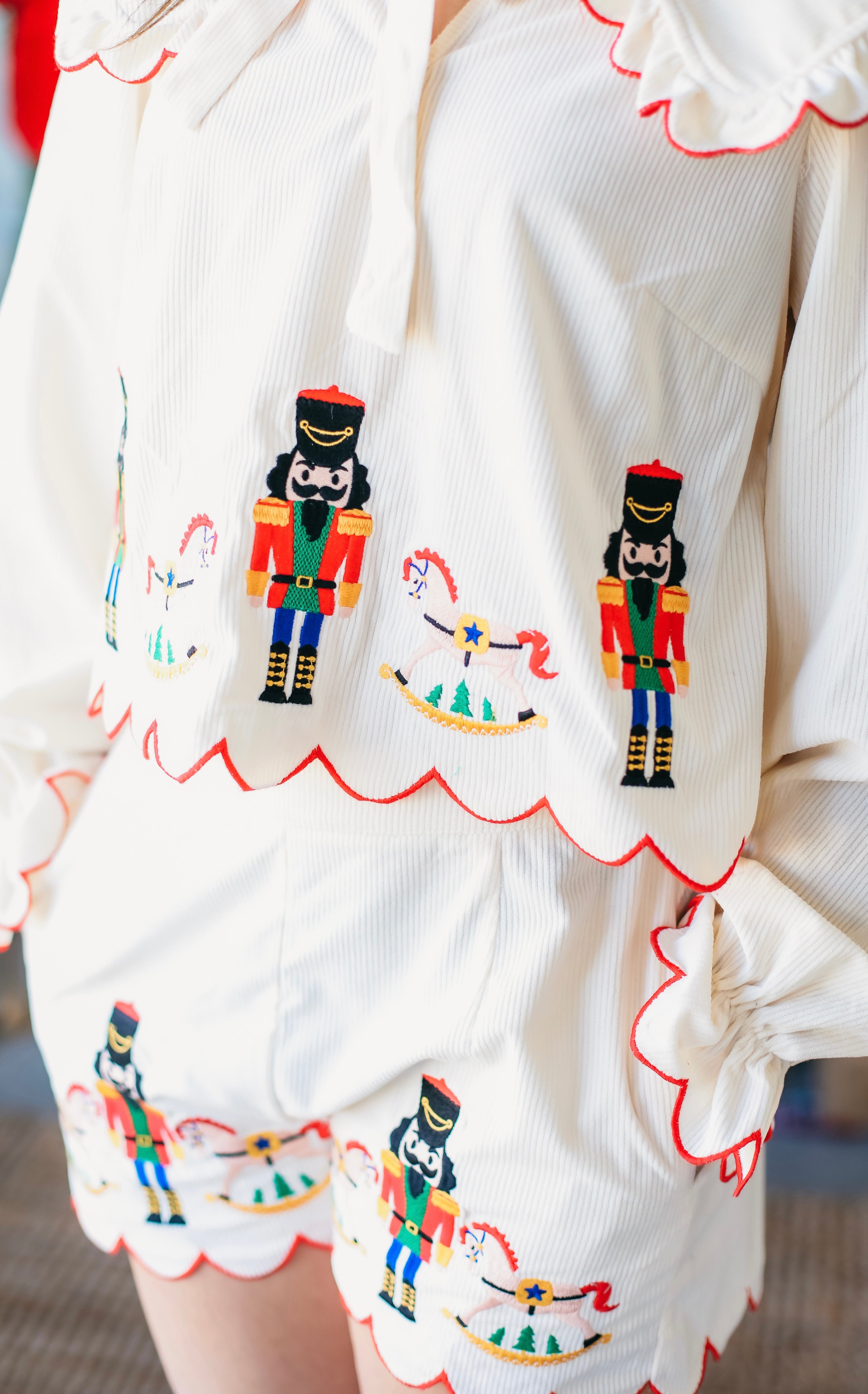 NUTCRACKER AND ROCKING HORSE CLASSIC CHRISTMAS EMBROIDERED CREAM PAJAMA SET - SET