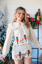 NUTCRACKER AND ROCKING HORSE CLASSIC CHRISTMAS EMBROIDERED CREAM PAJAMA SET - SET