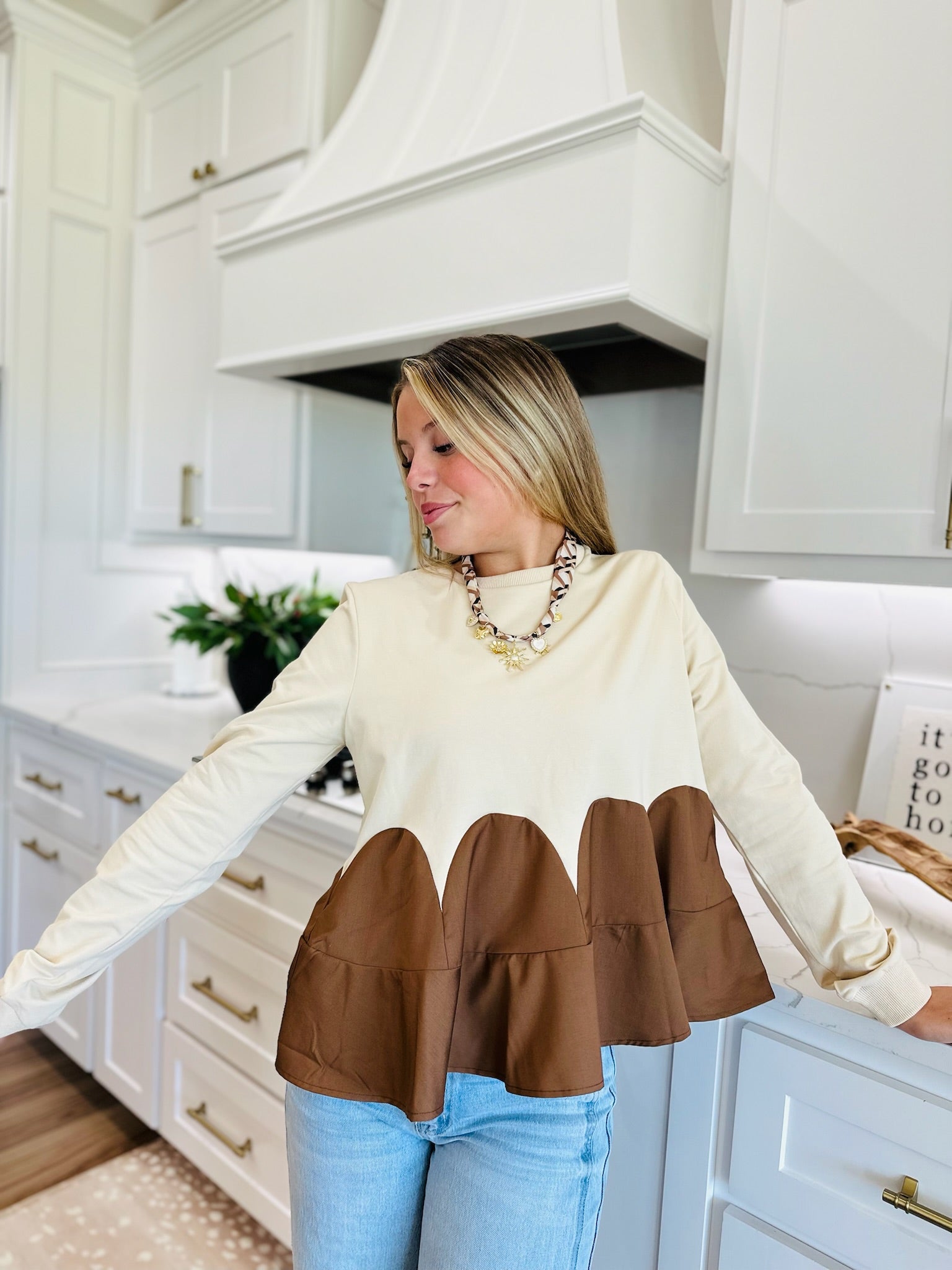 OATMEAL AND BROWN MIXED MEDIA KNIT TOP- PERFECT FALL STATEMENT PIECE - Tops