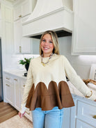 OATMEAL AND BROWN MIXED MEDIA KNIT TOP- PERFECT FALL STATEMENT PIECE - Tops