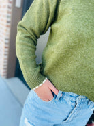 OLIVE GREEN SWEATER WITH CREAM DETAILS - Tops