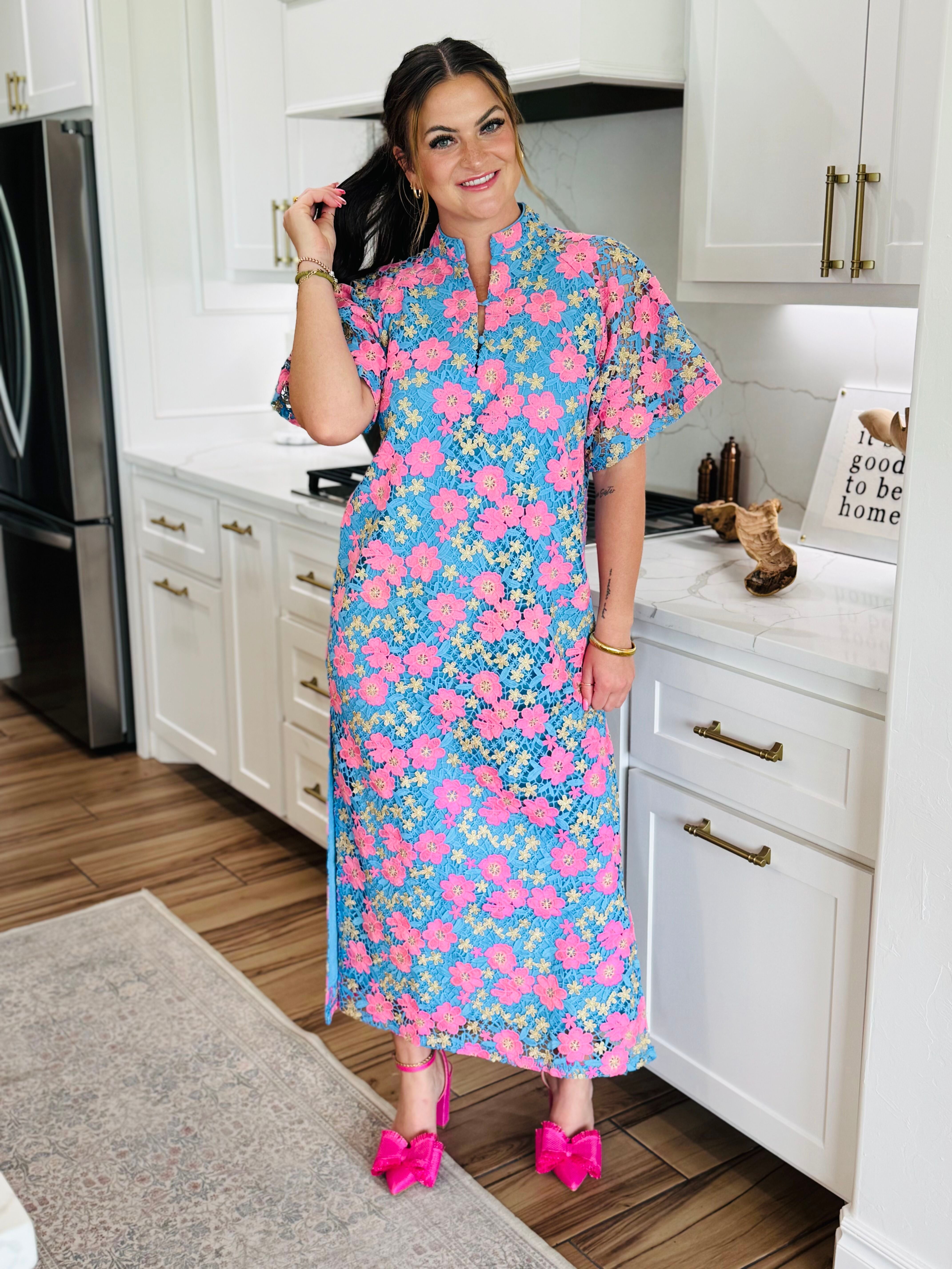 Close-up of the LEIGHTON PANSY MAXI DRESS BY BUDDY LOVE showing the beautiful floral design and luxurious fabric texture.