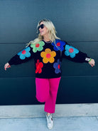 QUEEN OF SPARKLES BLACK MULTI OVERSIZED RHINESTONE FLOWER SWEATSHIRT - Tops