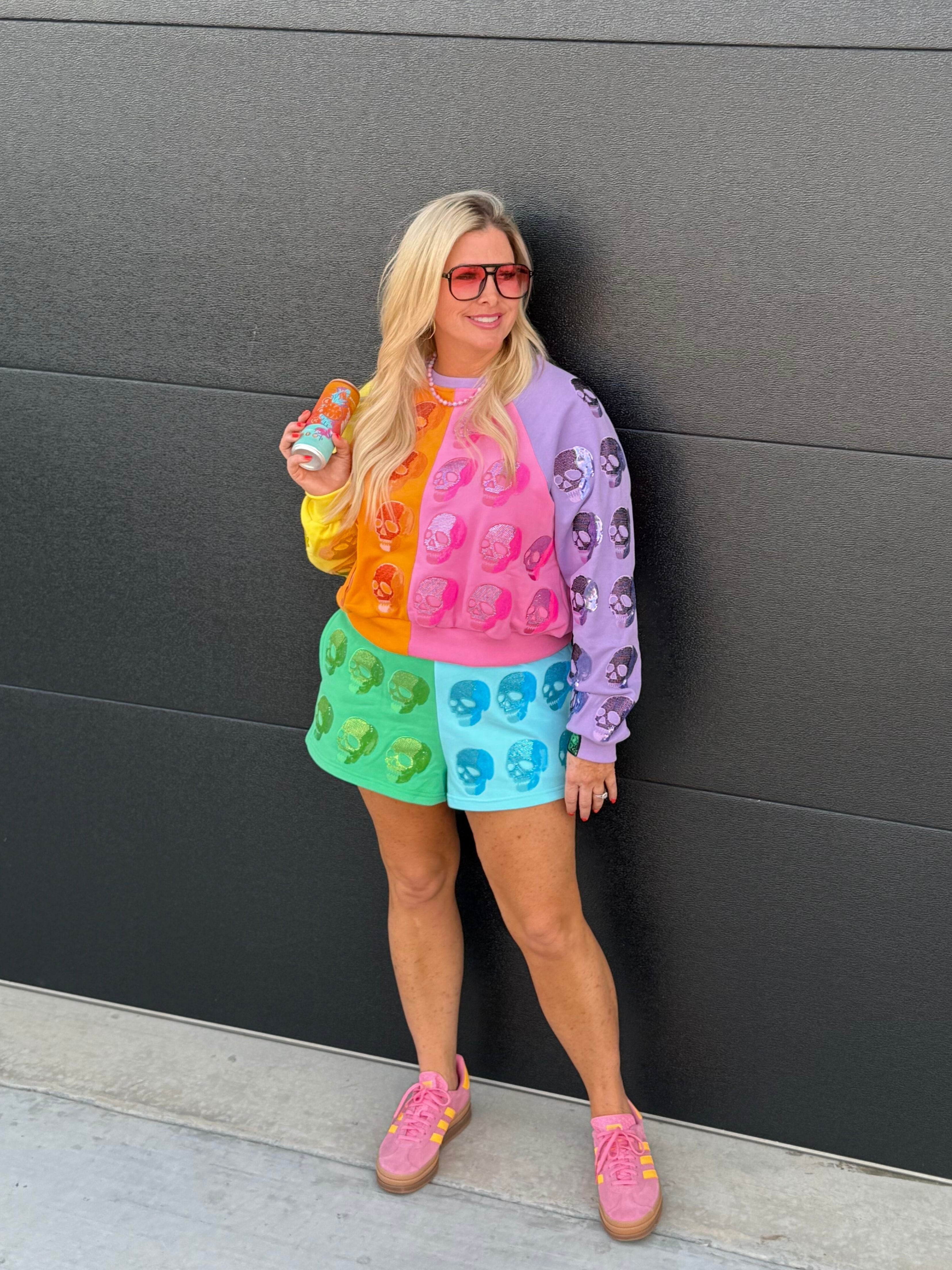 QUEEN OF SPARKLES COLOR BLOCK MULTI SKULL SHORTS - Bottoms