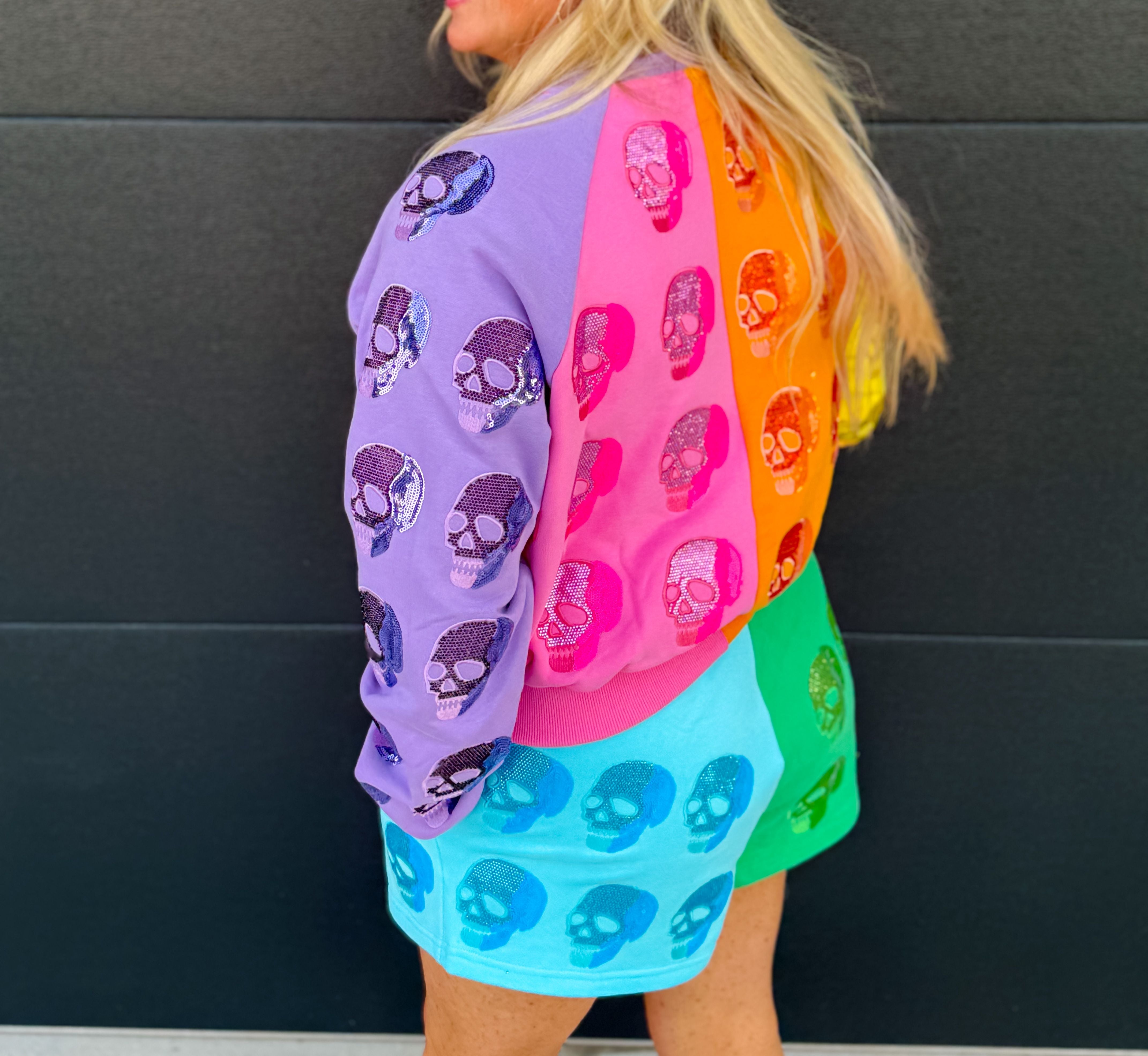 QUEEN OF SPARKLES COLOR BLOCK MULTI SKULL SHORTS - Bottoms